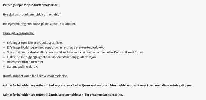 Retningslinjer, produktanmeldelser