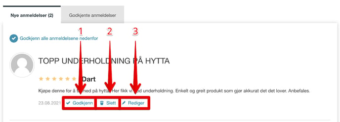 Produktanmeldelser, godkjenning, sletting og redigering