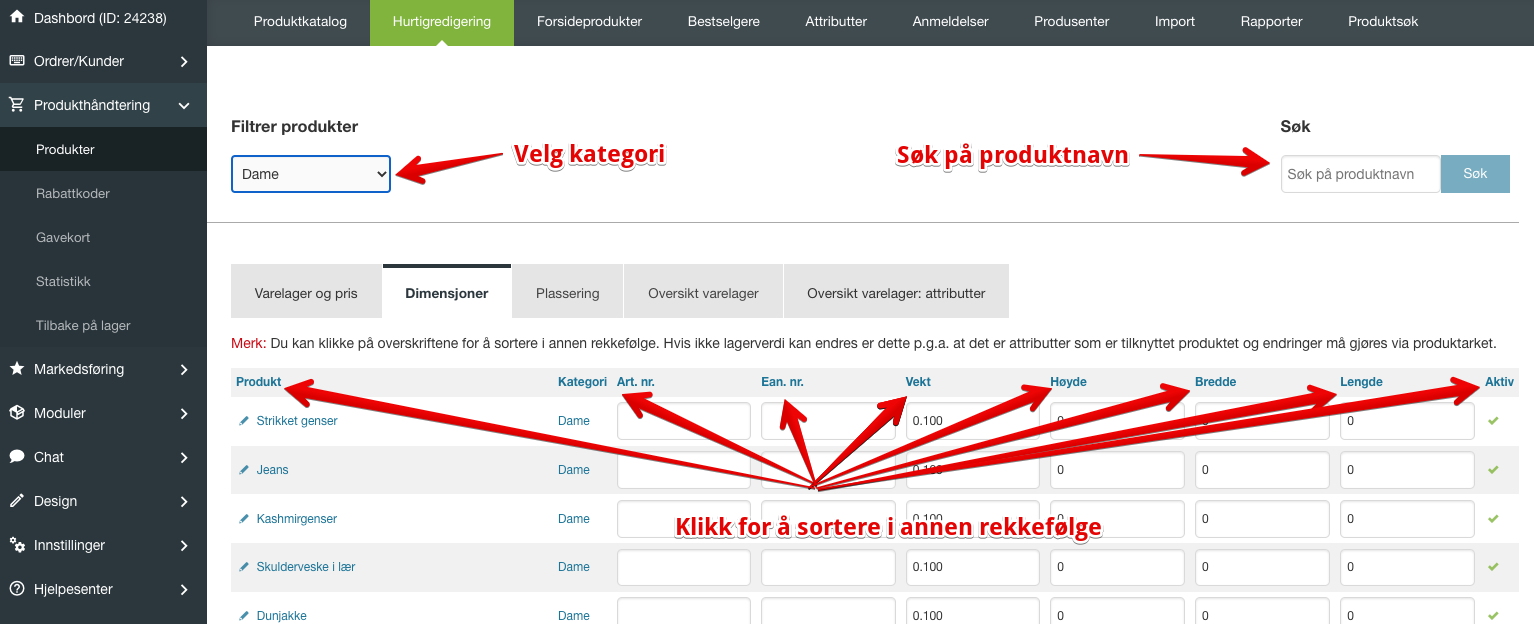 Velg kategori, søk og sortere i annen rekkefølge