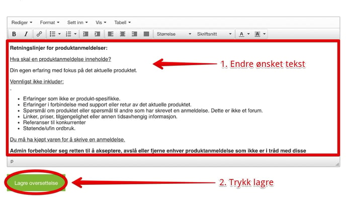 endre tekst, produktanmeldelser