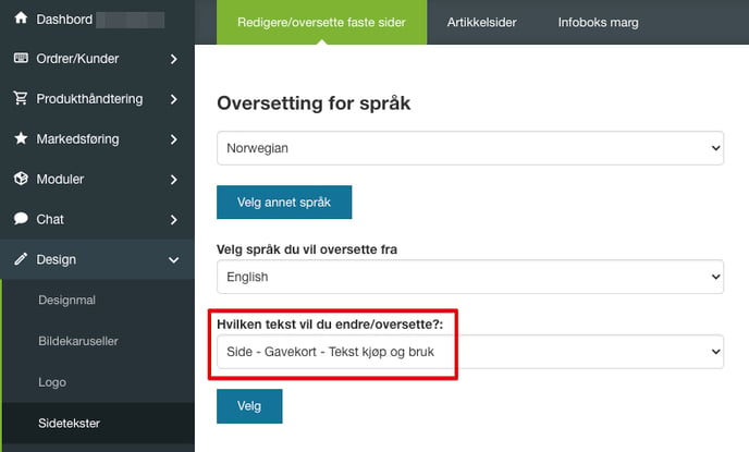 Sidetekster Gavekort