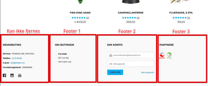 Footer, plassering av bokser