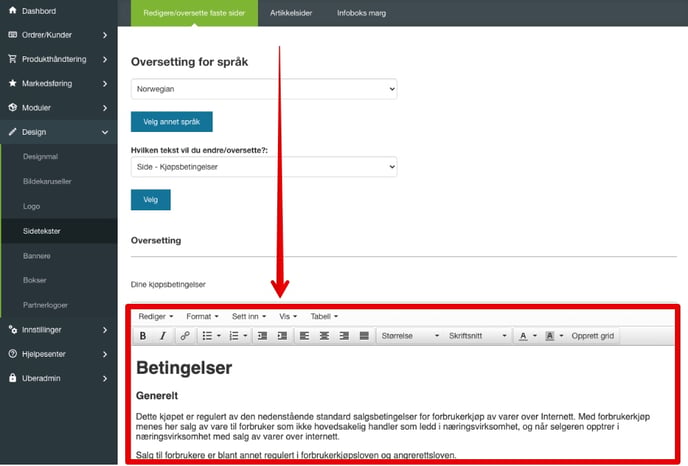 Kjøpsbetingelsene, teksteditor