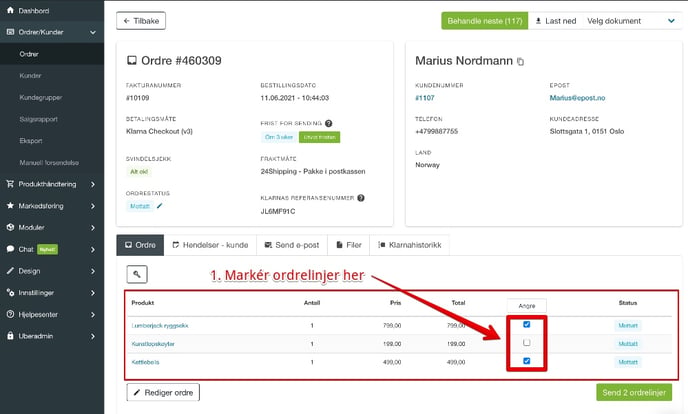 Marker produktlinjer i delordre