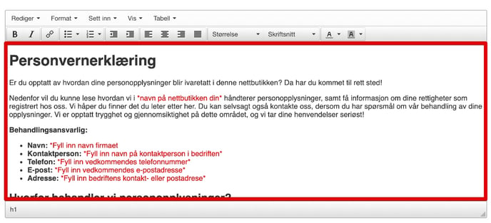 Endring av teksten til sikkerhet og personvern