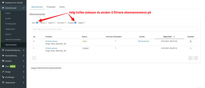 filtrer abonnementer etter status